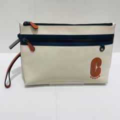 ★コーチ COACH クラッチバッグ F91269 メンズ セカンドバッグ レザー ロゴ 白 クリーム ネイビー  中古 005673