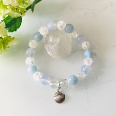N18.アクアマリン☆ブルーレースアゲート☆水晶☆貝チャーム☆パワーストーンブレスレット