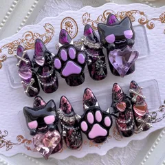 ネイルチップ 量産型 地雷 サブカル 天使界隈 ピンク 紫 黒 猫 肉球 ハート リボン ピアス
