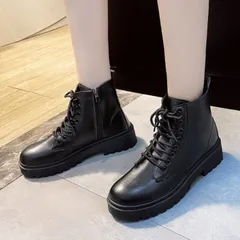 ショートブーツ レディース レースアップ 編み上げブール 厚底 サイドジップ シューズ 靴 ワークブーツ ラウンドトゥ 合皮 レザー調 カジュアル xzjhkbf#