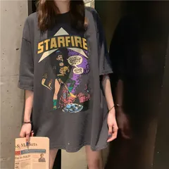 【大人気】Ｔシャツ　レディース　半袖　ダークグレー　ロックＴシャツ　レディースＴシャツ　カットソー　ゆったりビッグシルエット tシャツ レディース　レディースファッション ロングtシャツ レディース 半袖　W8