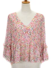 ザラ ベーシック ZARA BASIC カットソー ブラウス 花柄 Vネック フリル 七分袖 シフォン M ピンク