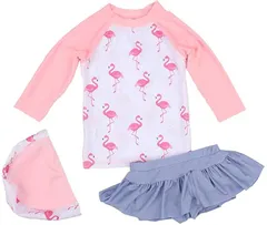 Hkyna キッズ 水着 女の子 スイムウエア 帽子 女子 セパレート 長袖 ラッシュガード フラミンゴ ピンク/Pink 120 110-120cm( ピンク,  120(110-120cm))