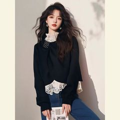【2025年春新作】立体裁断 ホワイトレース拼接ぎブラックロングスリーブTシャツ 日韓カジュアル プチプラ偽ツーピース 大人可愛い 直筒シルエット 女性らしいトップス S/M/L/XL