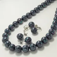 黒真珠ネックレス イヤリングorピアスセット12mm 43cm国産人工黒蝶パール
