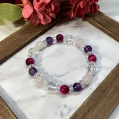 【恋愛運上昇】水晶 ピンクタイガーアイ アメジストローズクォーツ 浄化 開運 天然石 パワーストーンブレスレット 8mm（カット水晶）レディース 女性  数珠ブレス 開運 プレゼント ギフト  [7]