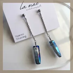 シンプル♡【304ステンレスポスト】 ブルー 天然石 クォーツ クリスタル 揺れる チェーン ピアス ハンドメイドピアス アレルギー対応 【イヤリング変更可能】