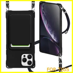 【在庫処分】iPhone 15 Pro ケース カード収納 ショルダー スマホケース アイフォン15 Pro ケース 肩掛け 斜めかけ 縄掛け シリコン 薄型 軽量 耐衝撃 TPU 携帯ケース 縦/横 2WAY 長さ調整 取り外し可能 落下 紛失防止 (ブラッ