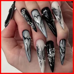 【即発送】黒 ロング 長めネイルチップ 地雷系 韓国 量産型 おしゃれ 人気ネイルチップ コスプレネイル 手作り 3D 付け爪 ネイルシール つけ爪 ネイルアート かっこいい 系 ユニーク 大人魅力 自宅 DIYネイルチップ ネイルチップ 24枚入 両面テープ
