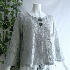 新品 9602 ML カットワーク 刺繍 クロシェ レース フレア ジャケット 春 夏 秋 グレー レディース ノーカラー 七分袖 50代 60代 70代