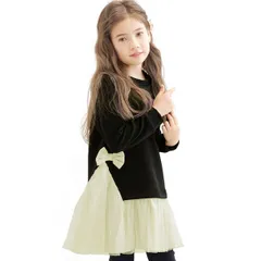 Bee【♪クーポン利用で20％OFF♪】裏起毛 切り替えワンピース◇裏起毛ブラック◇韓国子供服 韓国子ども服 韓国こども服 キッズ 女の子 フリース 異素材 長袖 チュール 100 110 120 130 140 150