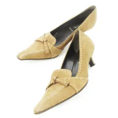 プラダ PRADA CASTORO パンプス ポインテッドトゥ ローヒール ペッカリースエードレザー 革 ステッチ リボン 37 24.0cm 茶 ブラウン 1D326B ST /CK16 ■GY18