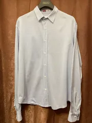 MADE IN USA製 Frank & Eileen THOMAS MASON生地 長袖ストライプ柄ニットシャツ ライトブルー×ホワイト Sサイズ