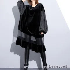 Le sucood ベルベットMIX シースルー バルーンワンピース ドルマン モード系 ゴシック レディース フレア 異素材 黒 ブラック ひざ丈 ミモレ丈 ドロップショルダー ビッグシルエット ゆったり 大人かわいい ラメ入り ロングワンピ