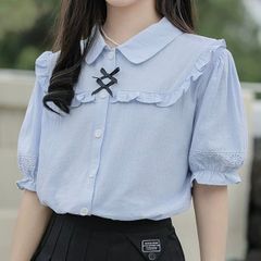 【新品】ガーリー♡パフスリーブフリルブラウス レディース 韓国 韓国ファッション ブラウス 半袖 パフスリーブ 襟付き ガーリー フリル 学生 通学　F0786