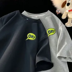 メンズ 半袖Tシャツ ワッフル 刺繍 ワッペン Tシャツ 半袖 トップス 夏 ゆったり カットソー クルーネック 吸汗 通気性 軽量