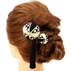 髪飾り 成人式 振袖 前撮り 袴 花 浴衣 夏祭り 花火大会 豪華2点セット 白 黒 ゴールド ちりめん 玉飾り 鞠 鞠玉 格子柄 房付 No.9-3659