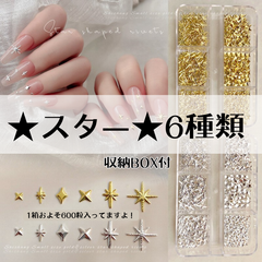 スタッズ　スター　星　6種類 *TP003　大容量600粒以上　収納付き　シルバー　ゴールド　金属ネイル　ワンホンネイル　変形スター