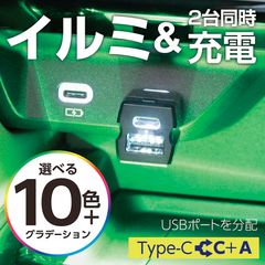 SEIWA レインボーイルミ2USBコネクタ CtoC+A 車内用品 USBハブ レインボーイルミ2USBコネクタ CtoC+A F351 USB-C&USB-A 拡張 充電器 2台同時充電 最大5V/3A LEDライト付き
