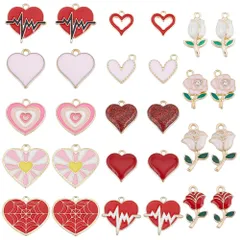 【迅速発送】SUNNYCLUE　56個14種　バレンタイン　チャーム　バレンタインデー　チャーム　ハート　チャーム　薔薇　エナメル　パーツ　花　ホワイトデー　ピアス　ココロ　イヤリング　花びら　ネックレス　キューピット　ブレスレット　心　キーホルダー　心型　メ