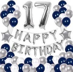 【在庫処分】68枚 17歳 誕生日 飾り付け セット 数字バルーン 組み合わせ 「HAPPY BIRTHDAY」バナー ブルー シルバー 風船 誕生日 デコレーション 男の子 女の子 飾り付け