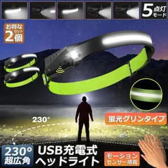 ヘッドライト 充電式 USB 反射ストラップ 2個セット LEDデュアル光源 5種点灯モード 70g超軽量 高輝度 アウトドア用ヘッドライト IPX4防水 防塵 1200mAh大容量バッテリー 最大8時間使用可能 SOS点滅  小型 ヘッド ライト 