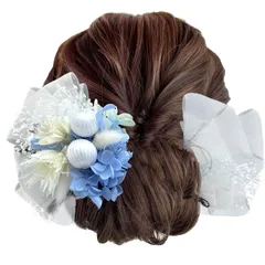 『在庫処分』 卒業式 入学式 カスミ草 ドライフラワー 成人式 振袖 袴 着物 ホワイト 浴衣 ブルー イエロー ピンク レッド 髪飾り シルバーデイジー リボン玉飾り ヘアアレンジ A00801