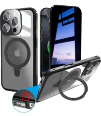 ★HALTSUTO iPhone 15  両面 ケース アルミ合金バンパー 多機能隠しスタンド・縦横両対応 360°全面保護・強化ガラス リング付き