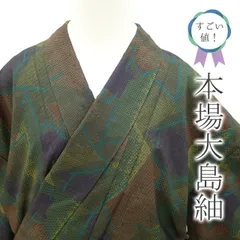 【新古品】すごい値！本場奄美大島紬 袷 着物 泥染 正絹 7マルキ 茶緑地 変わり柄 カジュアル 普段着 観劇 お食事 新古品 仕立て上がり 身丈163 裄64 Ｍ～Ｌサイズ 販売 購入 綺麗 美品 未着用品 リサイクル 春 秋 冬 みやがわ nek00680