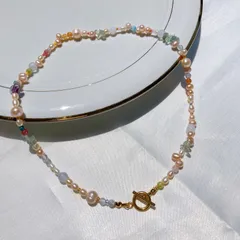 【限定1点サージカルステンレス】淡水パールと天然石のネックレス C 43cm