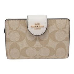 コーチ COACH ミディアム コーナー ジップ ウォレット シグネチャー キャンバス PVC / レザー CW786 二つ折り財布 L字ファスナー ミディアムウォレット カーキ (ベージュ) / チョーク (アイボリー) 正規品 美品 中古 mbl30033
