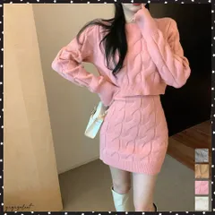 ニットトップス ミニスカートセットアップ韓国上下2点セット ケーブルニット クルーネックニットセーター クロップド丈 大人可愛い ハイウエストタイトスカート秋冬着回しニットセット ニットアンサンブル ミニスカオルチャン