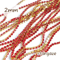 【 1m 】 約2㎜ ラインストーンチェーン 連爪 レッド×ゴールド台座