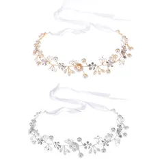【在庫処分】入学式 卒業式 発表会 結婚式 ヘアアクセサリー ヘアアクセサリー 花冠 花冠 女の子 クリスタルビーズ 髪留め ゴールド＋シルバー ヘッドドレス リボン 花かんむり パール 2本セット 髪飾り Dorasu
