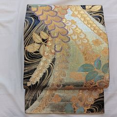 正絹 長尺 6通袋帯 【ジェム 宝石】 装飾唐花とフェザー 金銀糸 - メルカリ