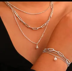 161【２セット】3連チェーン　パールネックレス とブレスレット　サージカルステンレス