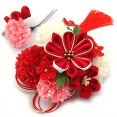 髪飾り ２点セット 赤 白 つまみ細工 梅 ピンポンマム 成人式 花 和風 浴衣 着物 振袖 袴 ドレス 七五三 子供 結婚式 卒業式 入学式 ヘアアクセサリー ヘアコーム 髪留め 大きめ 日本製 送料無料 アカ W75 324-287 u956　Si