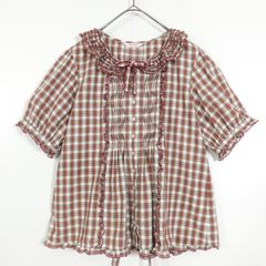 ピンクハウス★ゆったりフォルム♪フリル襟ブラウス 白×赤系 前開き ギャザー&オリジナルチェック♪z14230
