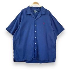 美品！POLO RALPH LAUREN 刺繍 オープンカラー 半袖シャツ M ポロラルフローレン オープンカラーシャツ 半袖 ネイビー 刺繍ロゴ