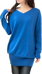 Sakoiyu(サコイユ) ゆったり 綿100% ニット ワイド リブ プルオーバー セーター Vネック レディース( ブルー,  M-L)