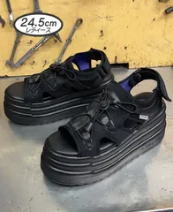 ♡モデル1回着用・美品♡ 激安 24.5cm ヨースケ YOSUKE 厚底サンダル レディース ブラック ストレッチ素材 スニーカーサンダル レースアップサンダル ウエッジソール 約10cm 厚底フラットソール MY592-271