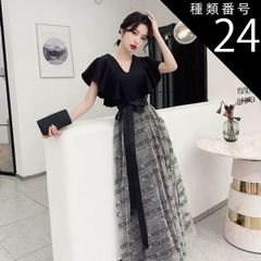 종류 24:블랙 그라데이션 미들 길이/2XL 이브닝 드레스 프렌치 드레스 원피스 롱 스커트 원피드 드레스 롱 미들 길이 반소매 플레어 슬리브 V넥 A라인 리본