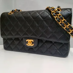 シャネル CHANEL マトラッセ Wフラップ Wチェーン 25 　ココマーク  ショルダーバッグ  キャビアスキン  ブラック  ゴールド金具   グレインドカーフスキン【外観新品同様】