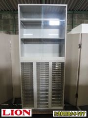 （中古）（一部地域送料無料）ライオン事務器 書庫上下セット 上ガラス引き違い戸 下クリキャビ浅14段深6段 ※上下連結穴なし F-HD-134-0726A