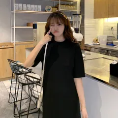 ☆ ブラック ☆ XLサイズ ☆ カジュアルロングワンピース 無地 ロングワンピース 半袖 カットソー ワンピース ワンピ ロング丈 レディース Tシャツワンピース ロングワンピ Tシャツワンピ クルーネック サイドスリット 吸湿性 通気性 ゆったり