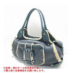 ※併売商品※◆中古状態良好◆Ferragamo【フェラガモ】ハンドバッグ ムートン レザー ブルーグリーン系 レディース　M1031