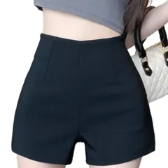 ハイウエスト ショートパンツ レディース ボトムス ホットパンツ スリム フィット シンプル Aライン ミニ丈 (JP, アルファベット, M, ブラック) [ブラック] [M]
