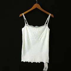 ローリーズファーム LOWRYS FARM キャミソール サマーニット リブ 花柄 レース メロウ フリル コットン ストレッチ M オフ白 アイボリー タグ付 美品