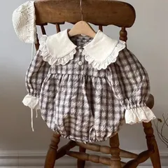 チェック柄　レース襟ロンパース　80ｃｍ