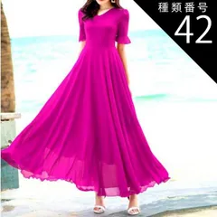 種類42：レッド/XL ワンピース シフォンドレス フレアワンピース ロング丈 袖あり 5分袖 トランペットスリーブ Vネック Aライン ハイウエスト かわいい 大人可愛い きれいめ シンプル 上品 おしゃれ レトロ  キュート とろみ感 エレガンス 無地 春